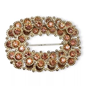 Vintage Czech Glass Oval Brooch Light Pink Color Silver Tone Base